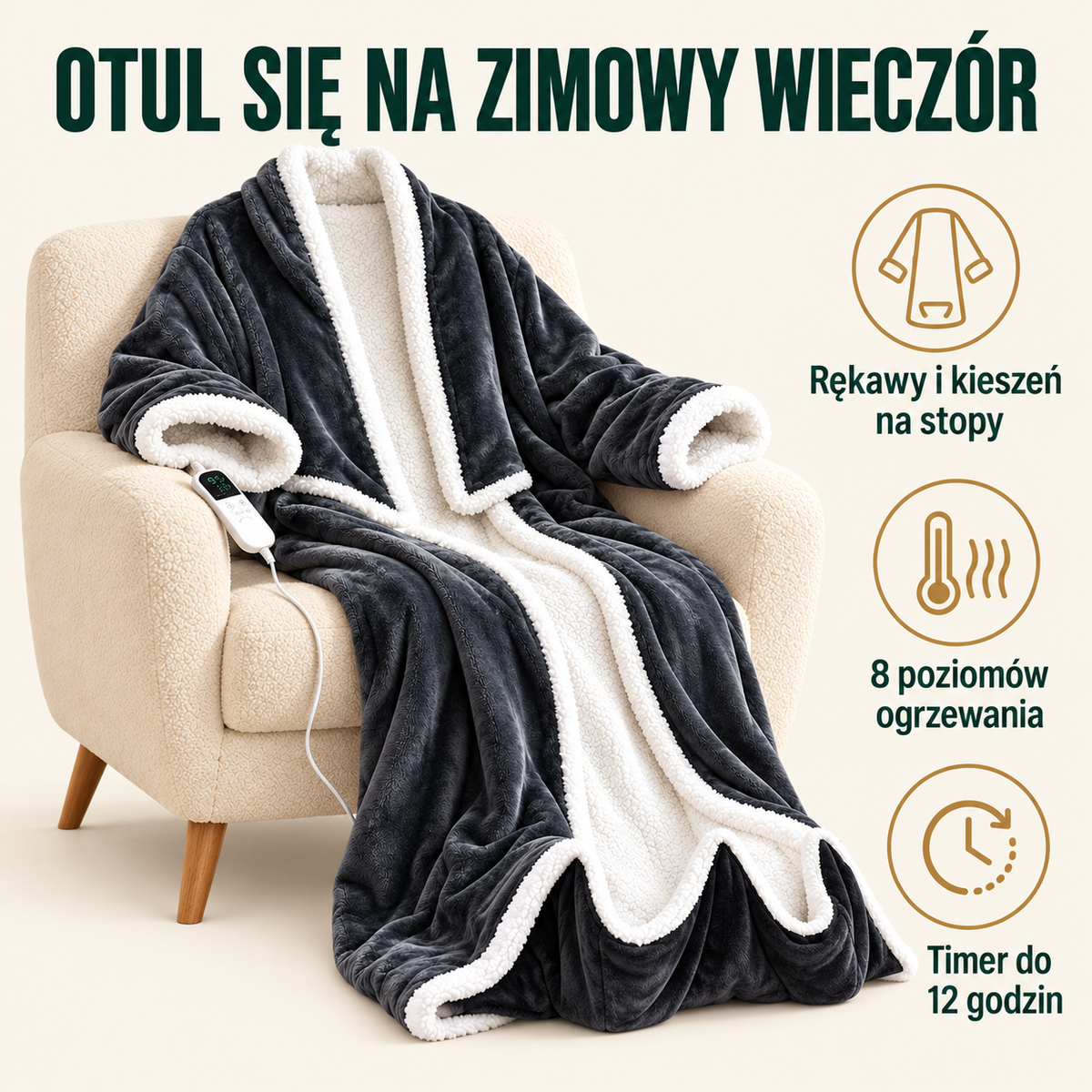 Podgrzewany koc z rękawami – grafitowy — główne korzyści