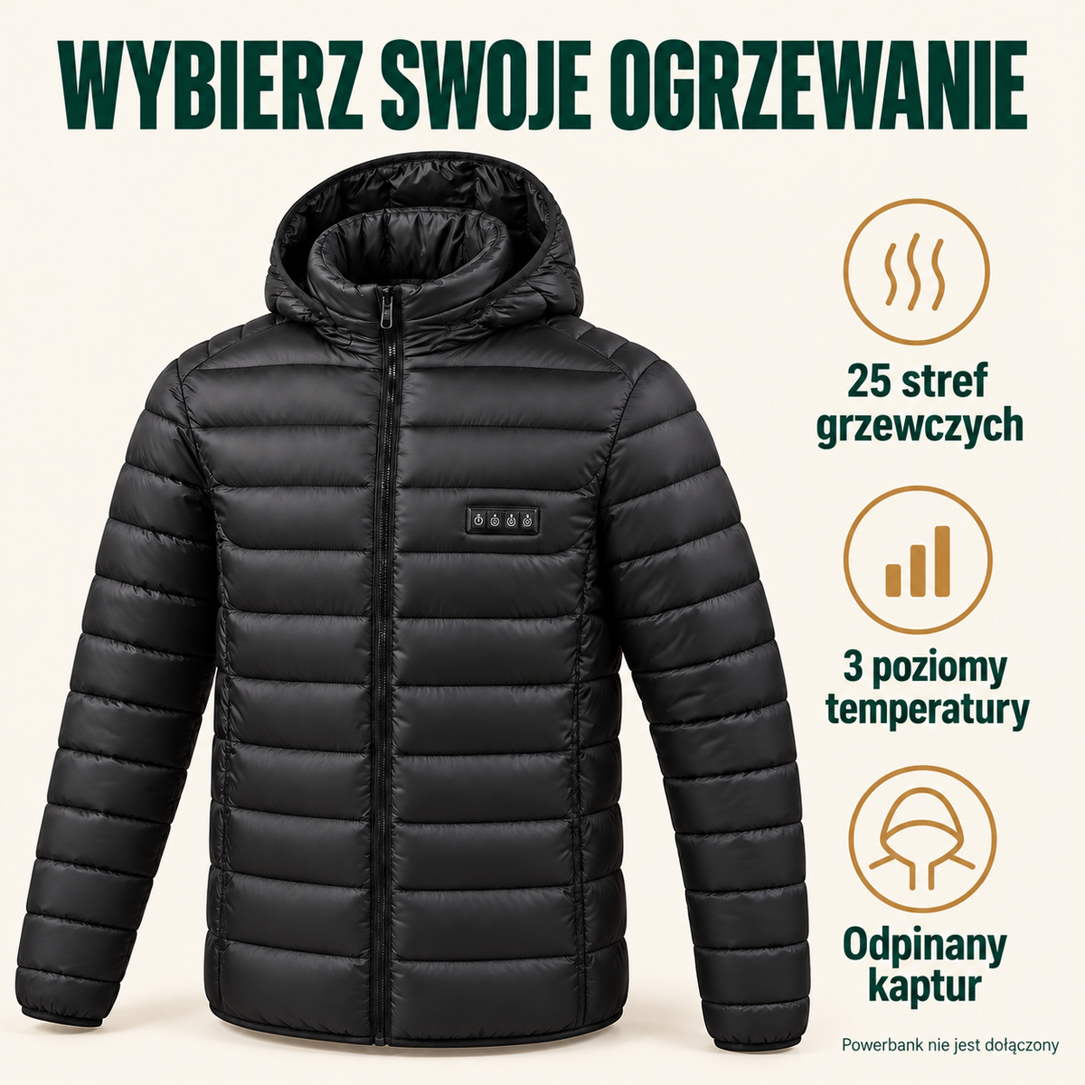 Ogrzewana kurtka – czarna, 25 stref — najważniejsze cechy